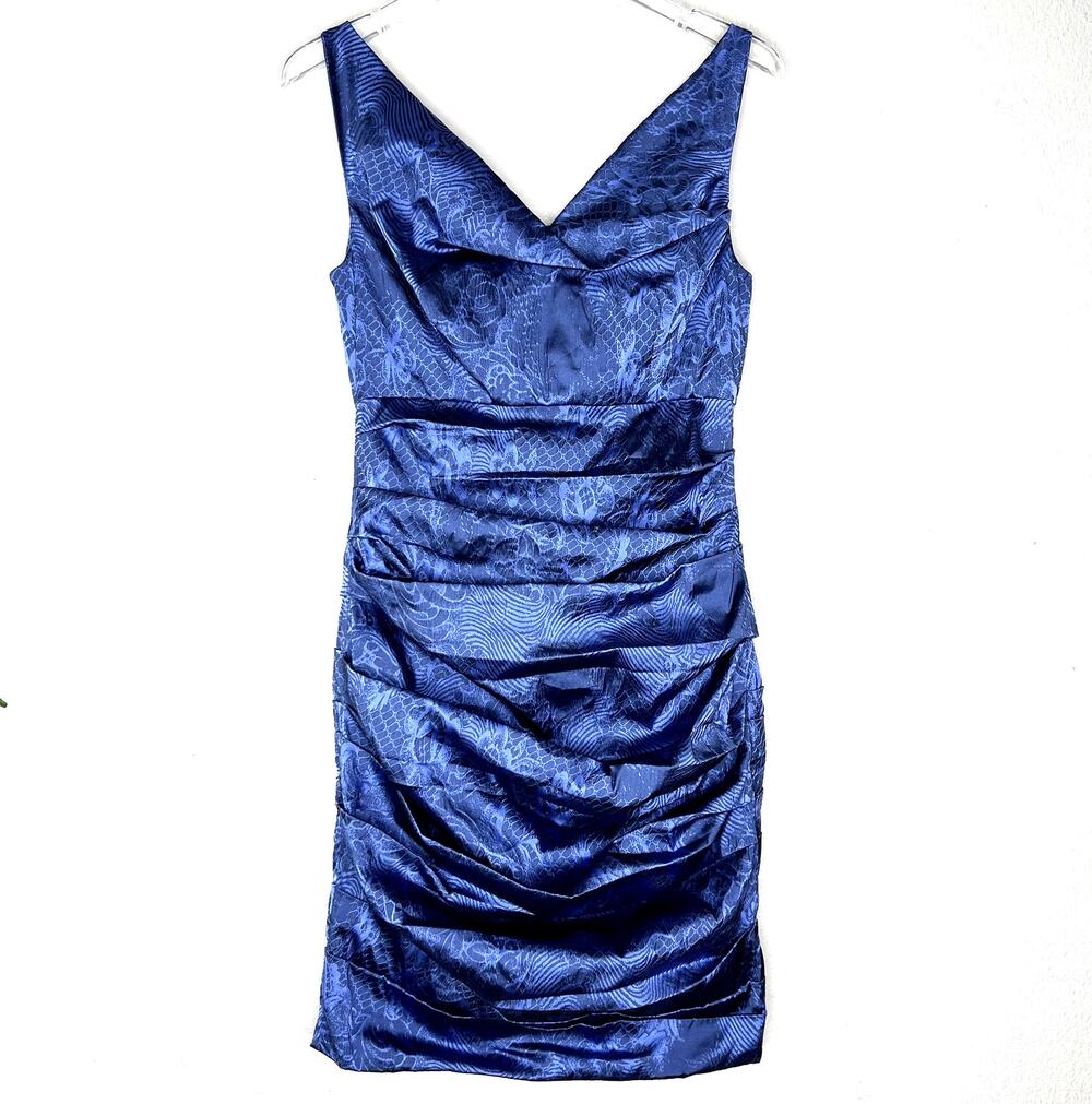 Theia Ruched Pleated Mini Dress Sleeveless V-Neck Printed Blue 8 Cocktail